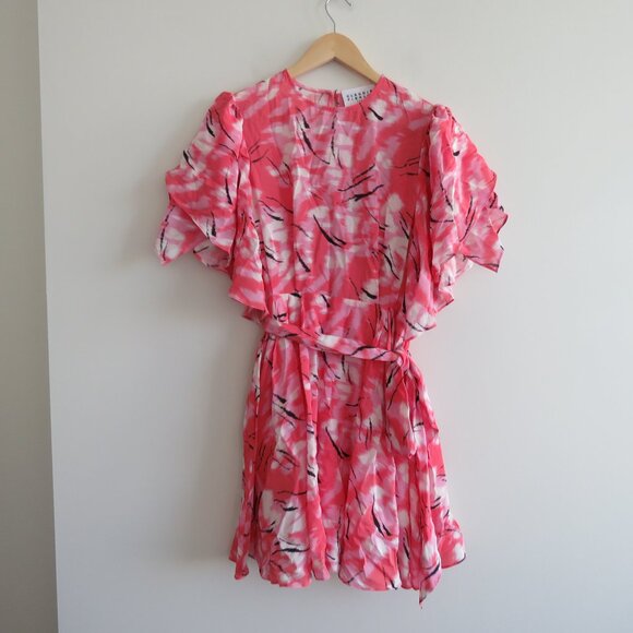 CLAUDIE PIERLOT Rabanel 100% Silk Crepe De Chine Abstract Print Ruffle Dress NWT - Picture 2 of 15
